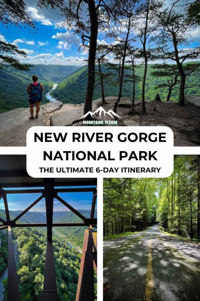 A New River Gorge itinerary Pinterest Pin with 3 photos.