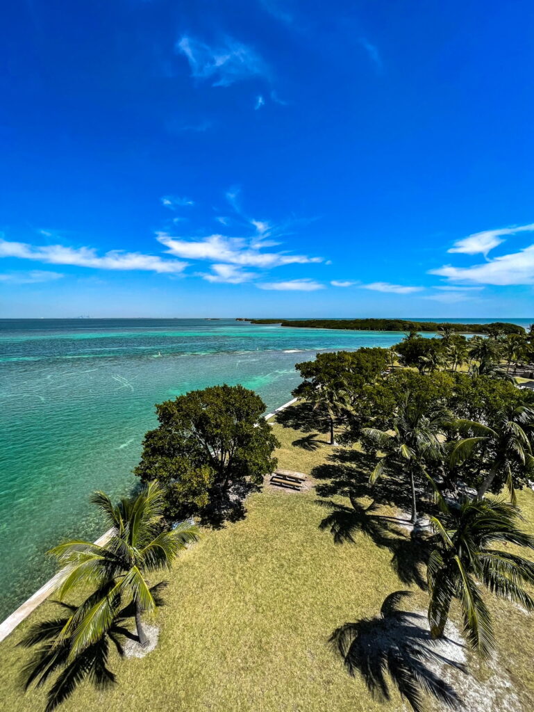 Bright blue waters of Biscayne Bay as seen from the top of the Boca Chita Lighthouse.