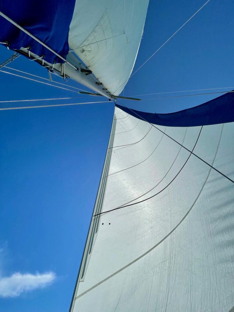 Sails on a sailboat as seen by looking up through them.