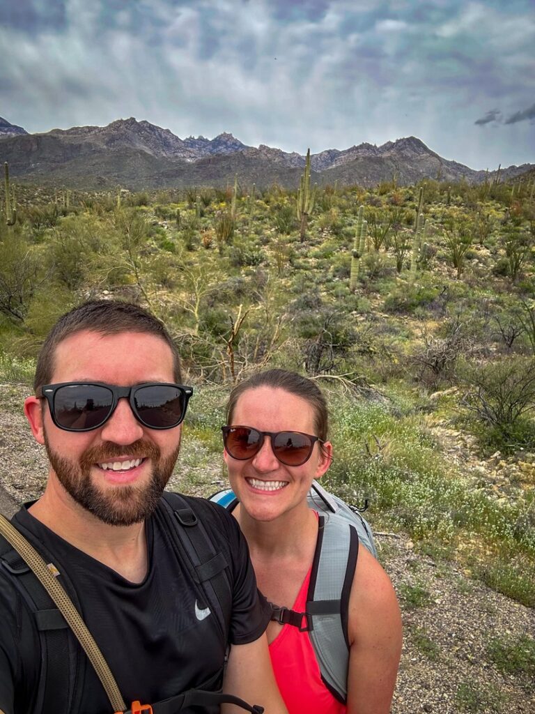 Two hikers pose at Sabino Canyon.