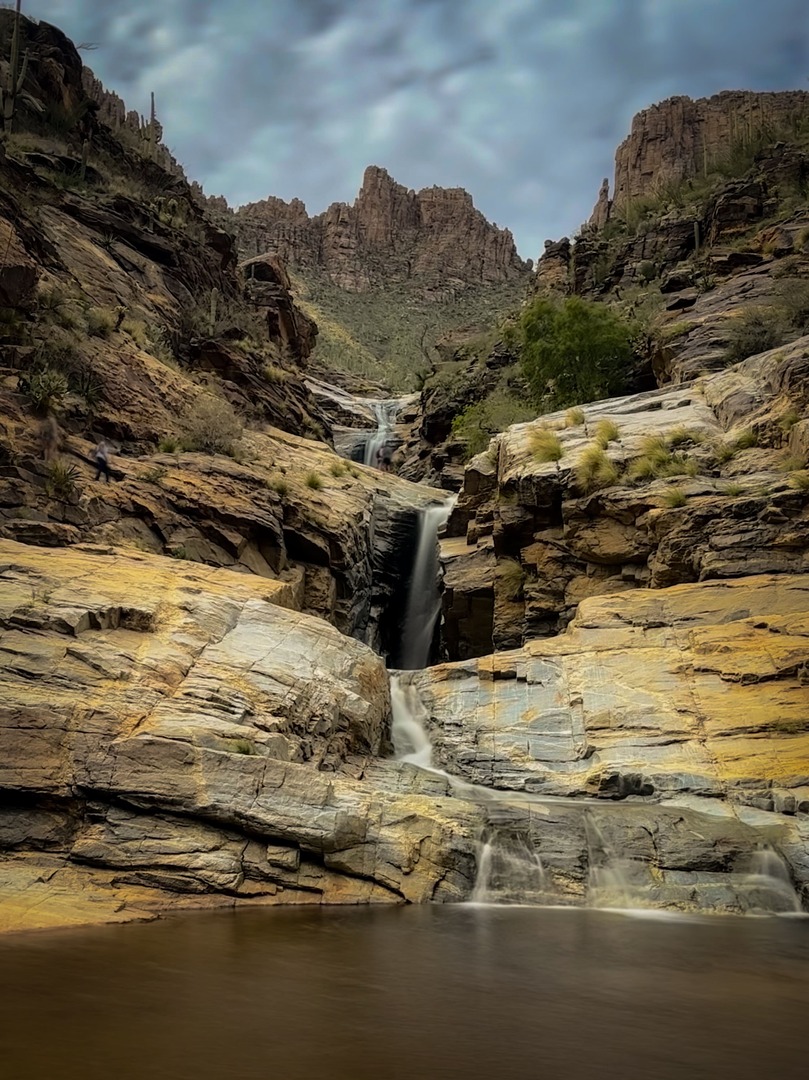 The cascading Seven Falls waterfall in Sabino Canyon.
