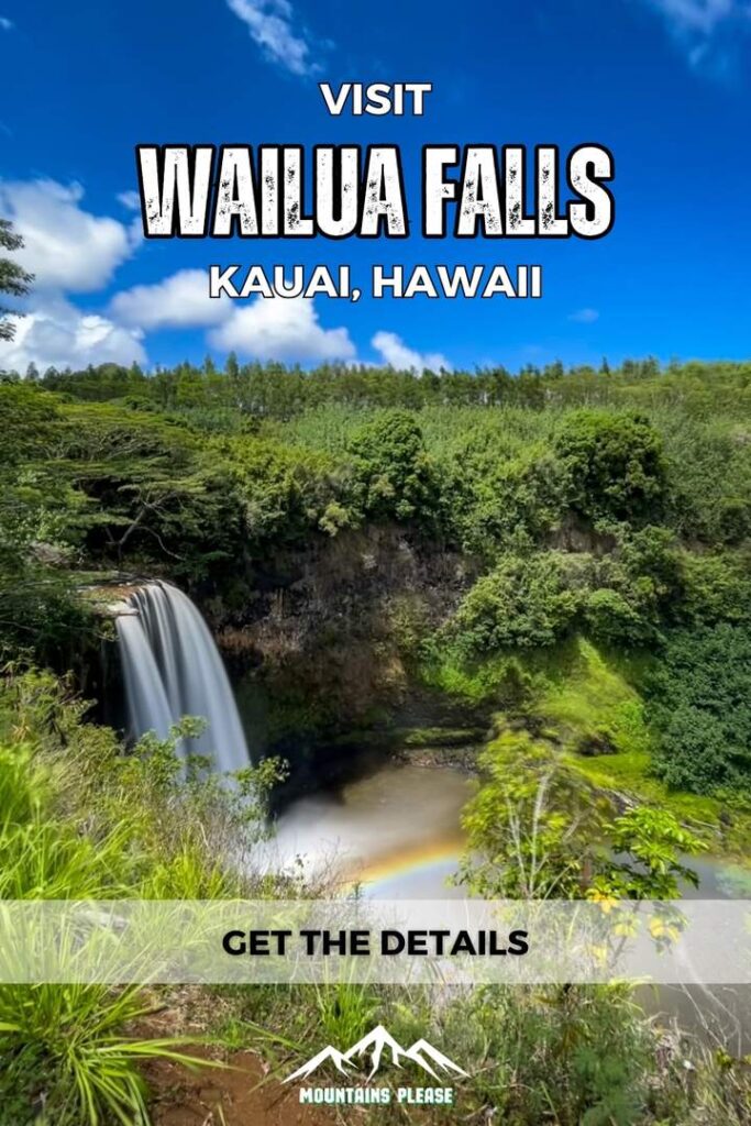 A second Wailua Falls Pinterest Pin with a shot of the flowing waterfall with a rainbow and blue skies.