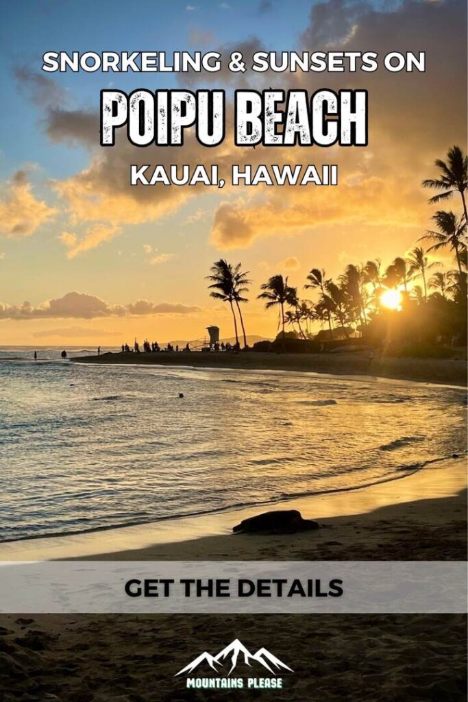 A Pinterest Pin to pin to your Pinterest account with a Poipu Beach sunset.