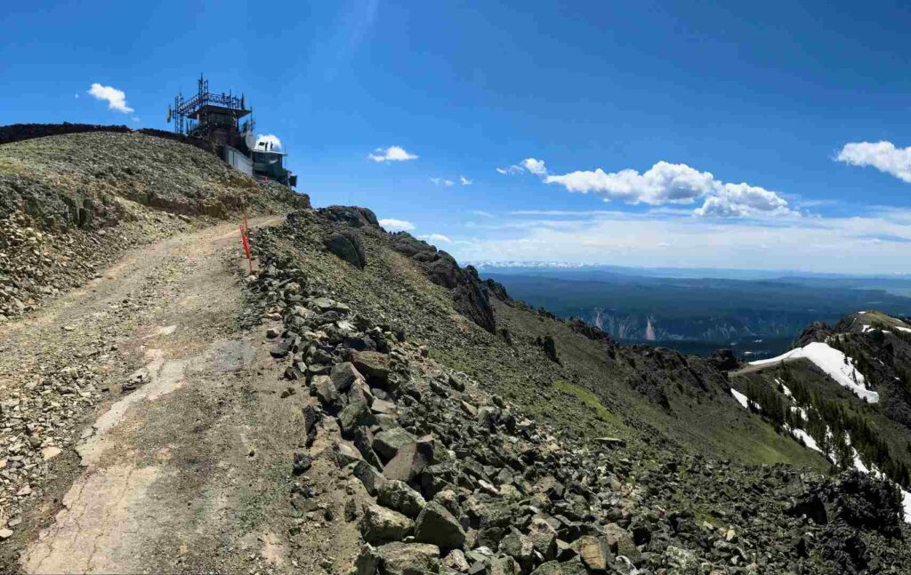 A view of the surrounding mountains as hikers approach the Mount Washburn Fire Tower.