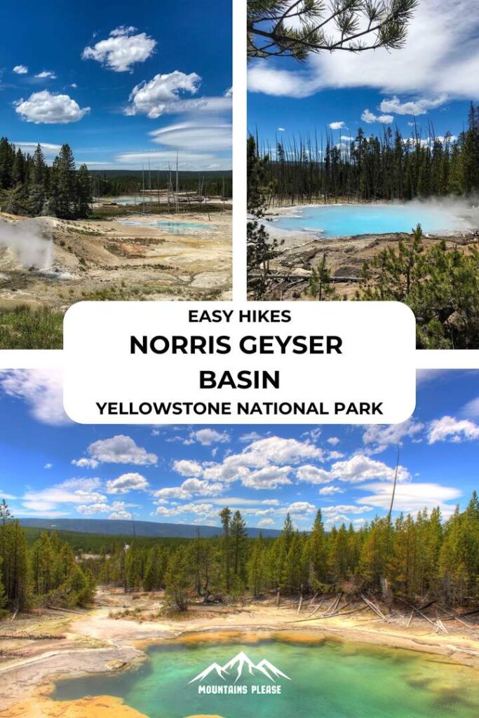 A Pinterest Pin for easy hikes in Yellowstone at Norris Geyser Basin.