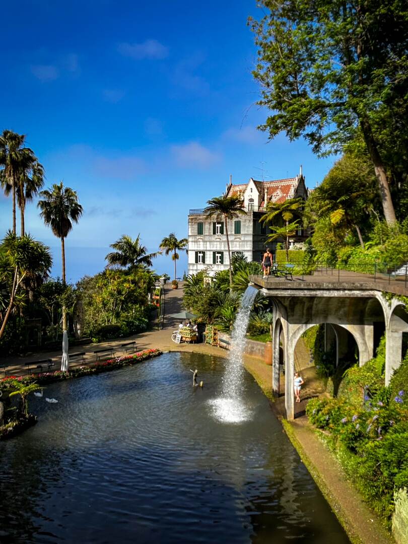 A waterfall near the main pond at Monte Palace Tropical Garden, Madeira.