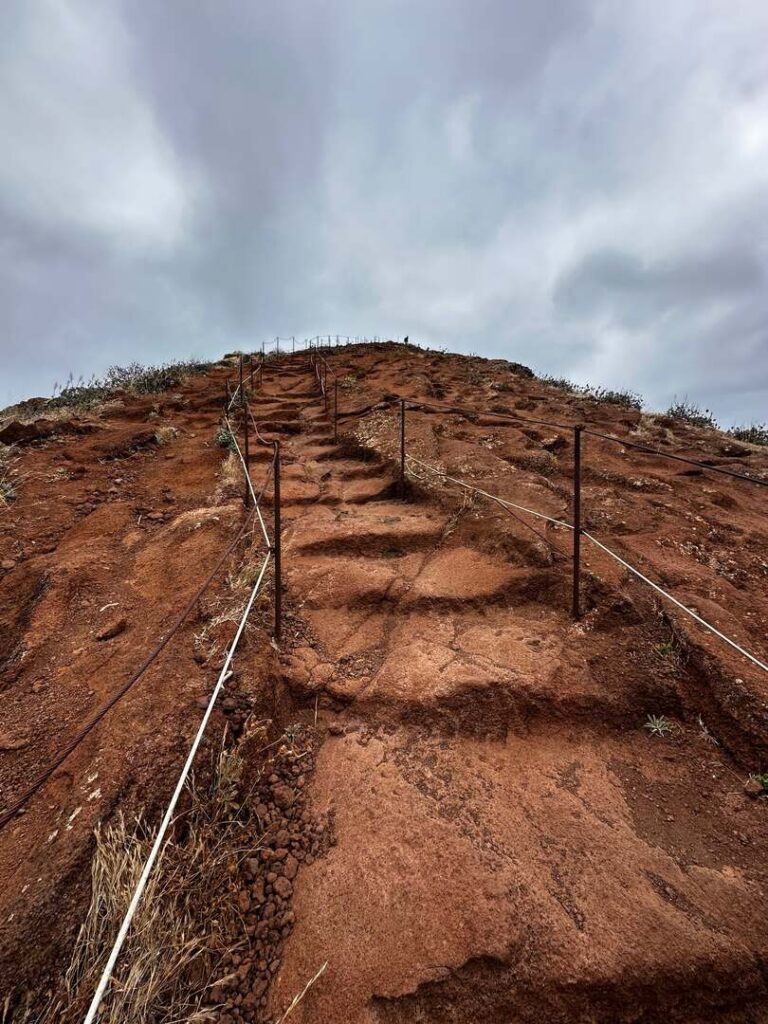 A steep dirt section of trail with ropes as guard rails on both sides.