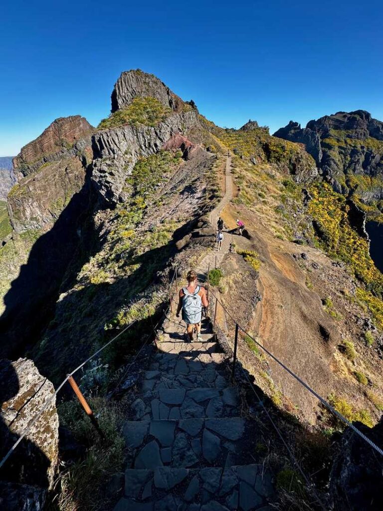 A hiker descending stairs on the PR1 trail in Madeira.