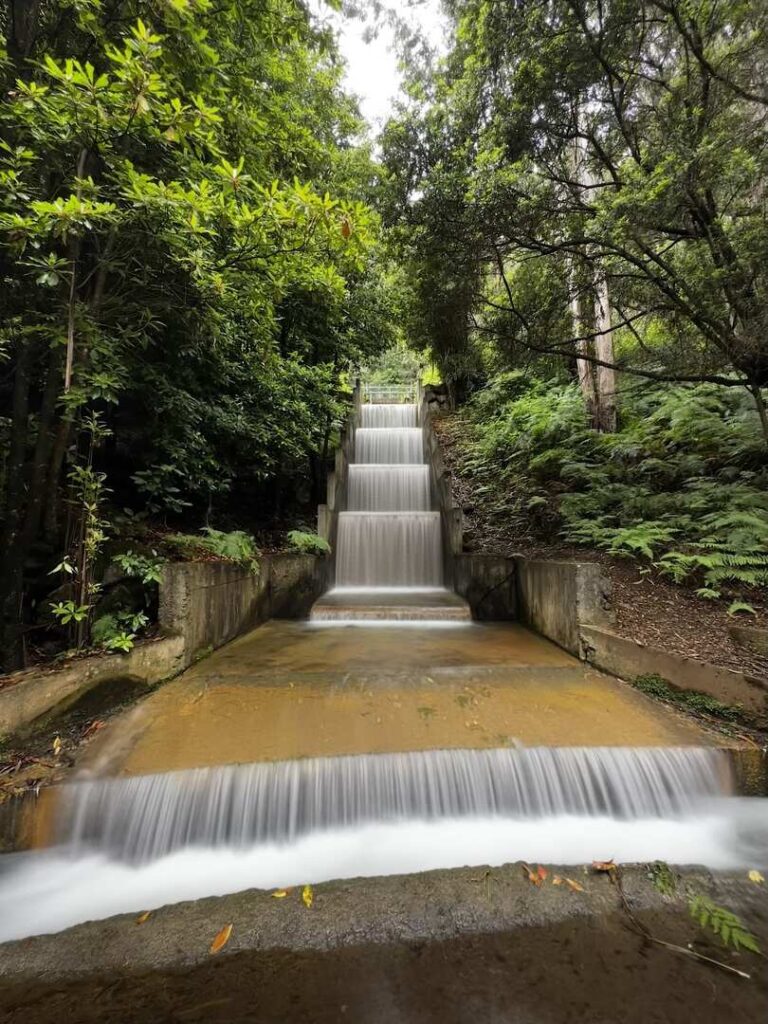 A multi-tiered man made waterfall on the Levada Fajã do Rodrigues hike.