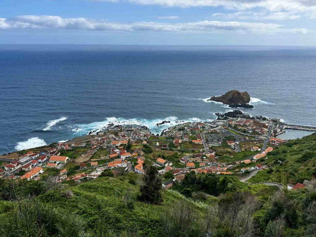 A bird's-eye view of Porto Moniz, Madeira from a lookout point on the road.