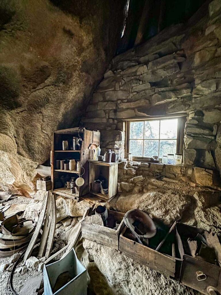 The inside of the Desert Queen Mine and Eagle Cliff Boulder House at Joshua Tree National Park.