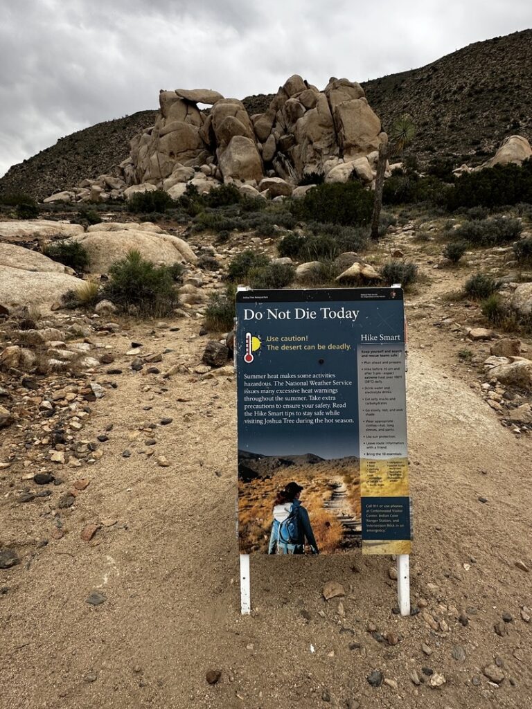 A sign that says "Do Not Die Today", Joshua Tree National Park.